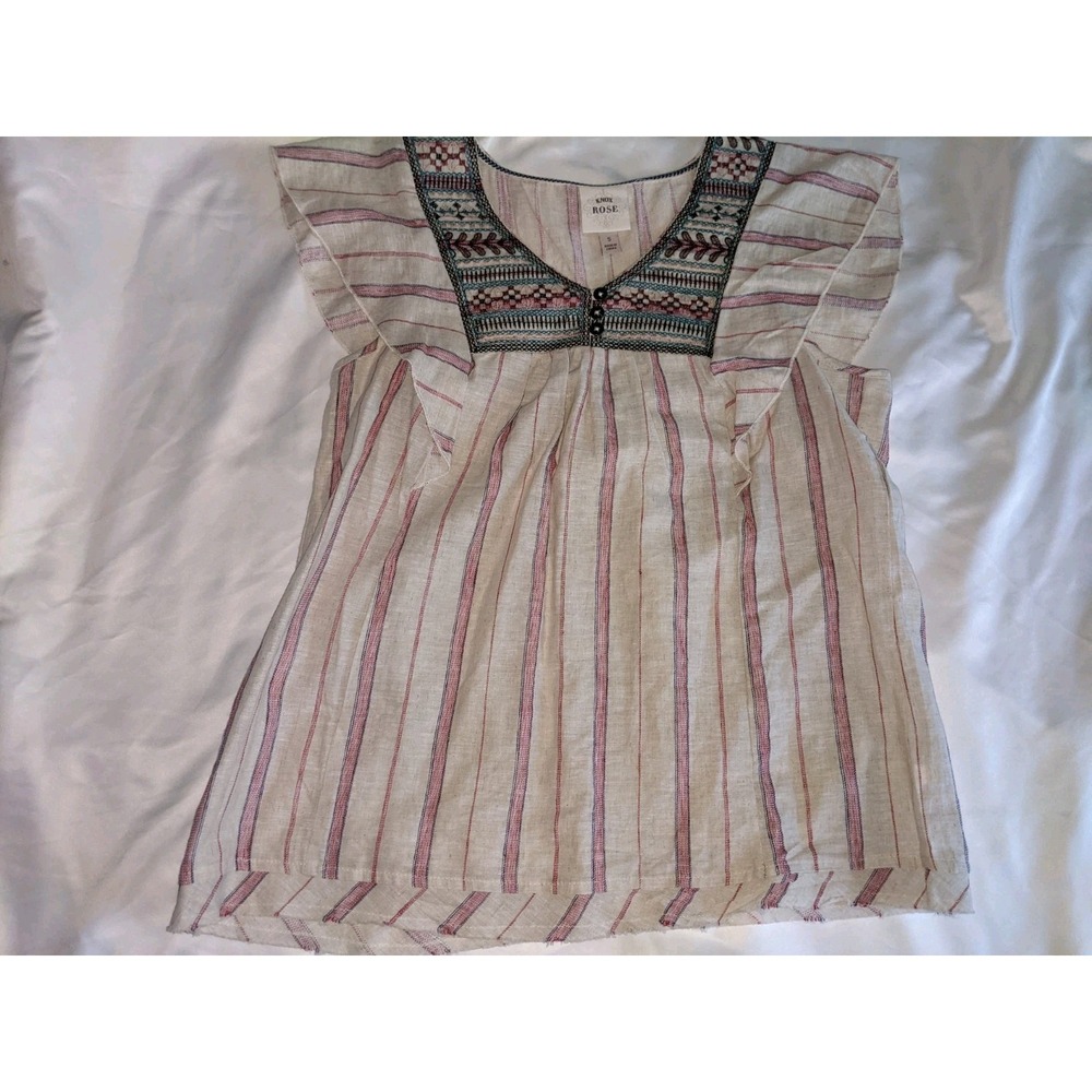 Knox Rose Embroidered Blouse Linen Blend Striped Size Small Flutter Sleeve